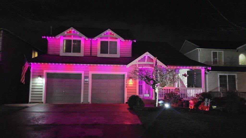 A two-story house with pink and purple string lights, an American flag, and a leafless tree in the front yard.